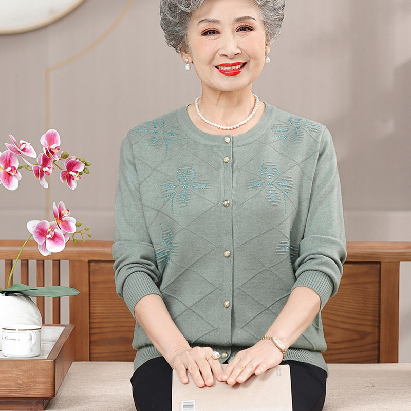 Middle-Aged and Elderly Women's Clothing, Grandma's Clothing, Spring Clothing, Knitted Jackets, Sweaters, Fashionable Button-Down Long-Sleeved Cardigans for Old Ladies, Mother's Tops