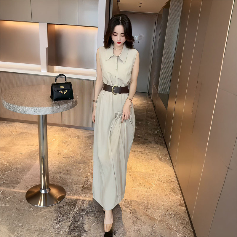 Lace-Up Shirt Dress for Women, Summer 2026 New Korean Style, Elegant Lapel Single-Breasted Sleeveless Tank Dress, Long Dress Lace-Up Shirt Dress for Women, Summer 2026 New Korean Style, Elegant Lapel Single-Breasted Sleeveless Tank Dress, Long Dress