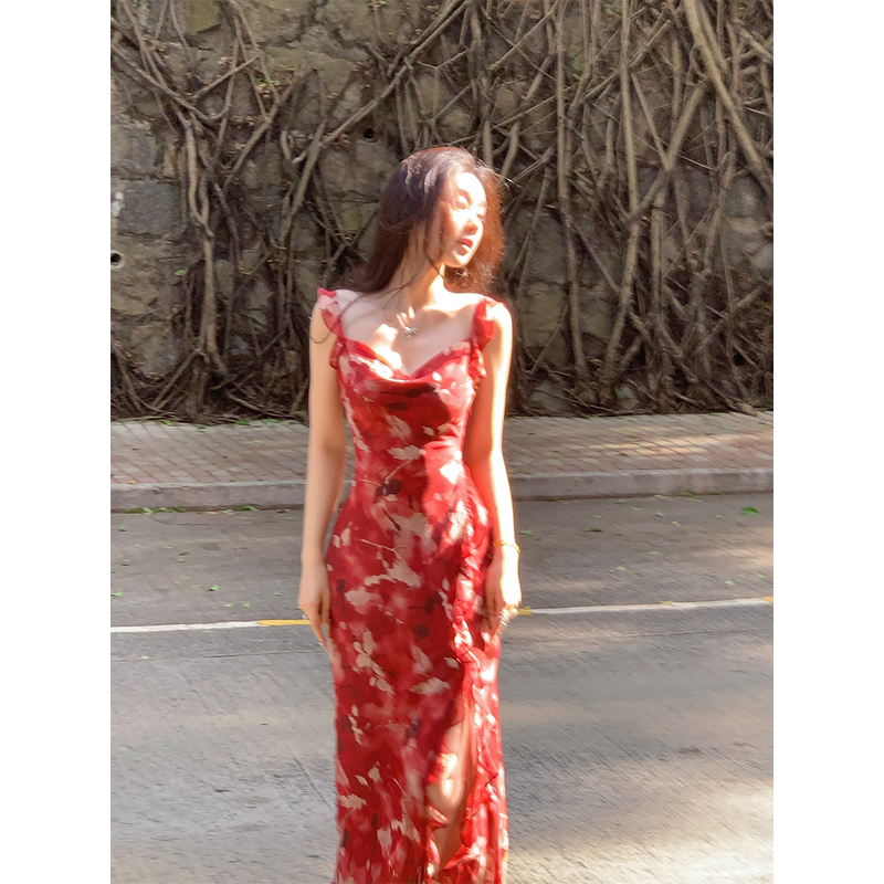 Achi Dayechi Red Georgette Floral Halter Neck Dress for Women with Wavy Edges, Tie-Up Long Dress with Slit Achi Dayechi Red Georgette Floral Halter Neck Dress for Women with Wavy Edges, Tie-Up Long Dress with Slit
