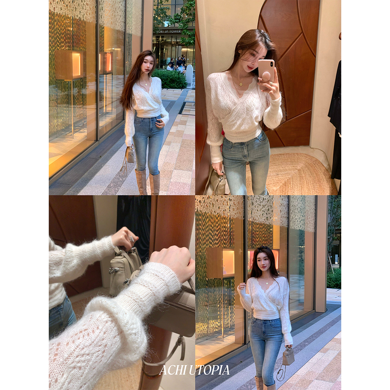 Achi Dayechi Alpaca Mohair White V-Neck Hollow Knit Base Shirt Top for Women Loose Wool Sweater Achi Dayechi Alpaca Mohair White V-Neck Hollow Knit Base Shirt Top for Women Loose Wool Sweater