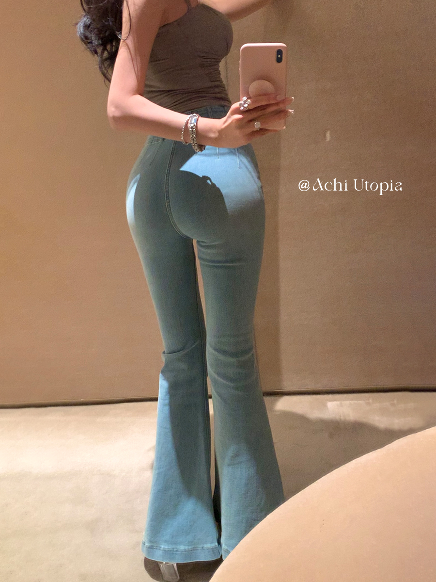 ACHI大也池棉质蓝色提臀牛仔裤女弹力亲肤修身长裤高腰微喇叭裤子