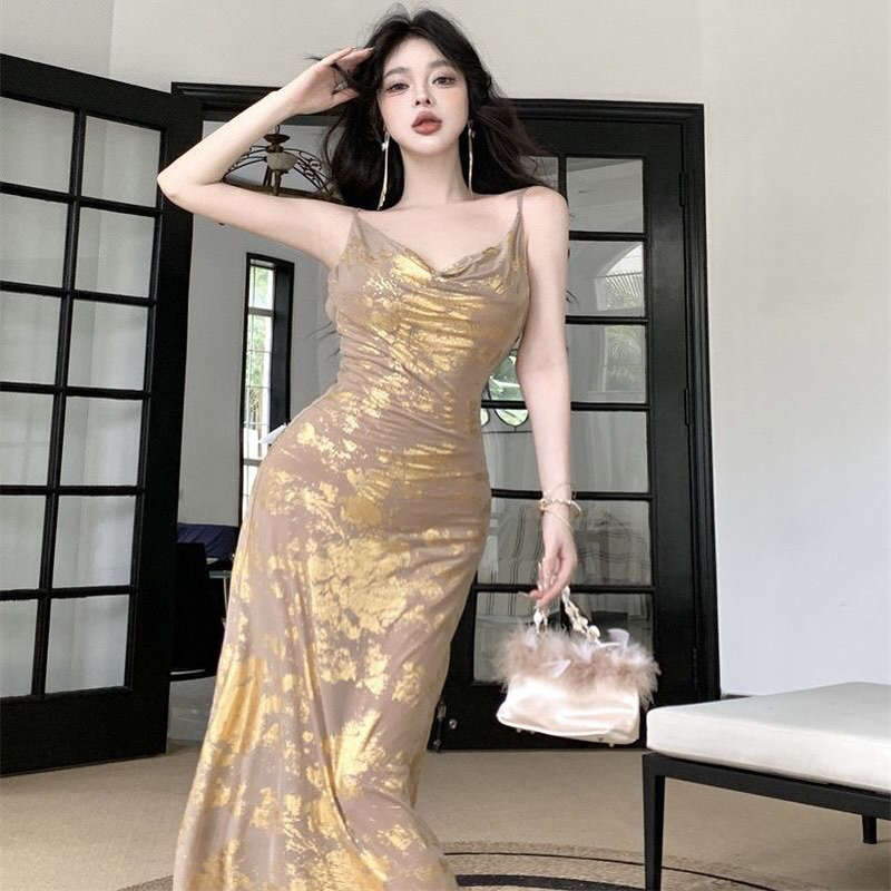 Purple Smoke Gold Chinese-Style New Chinese-Style Golden Dress Women's French-Style Waist-Cinching Elegant Large U-Neck Strap Long Dress