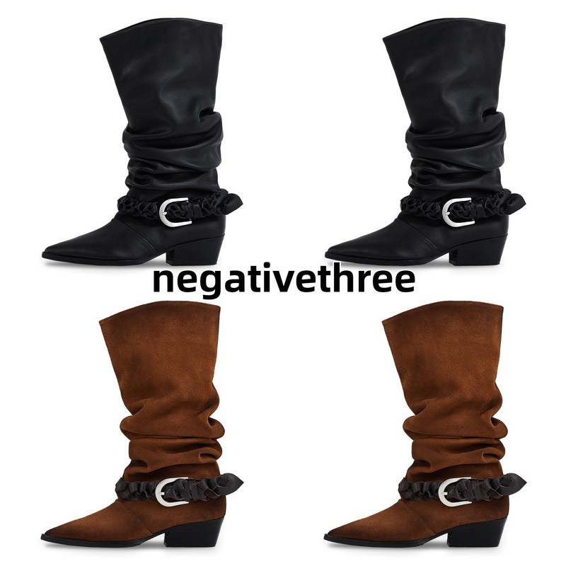 Korean Genuine Negativethree Boots 26S Cowhide Suede Stacked Boots with Woven Belt Buckle Pointed Toe Mid-Length Boots