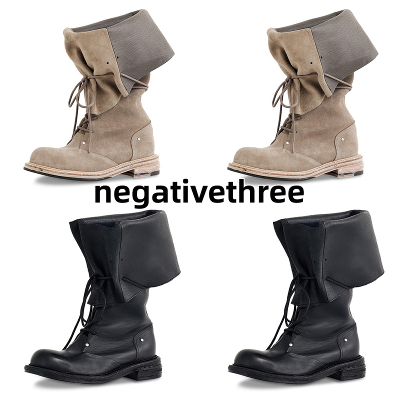 Korean Genuine Negativethree New Style Leather Foldable Lace-Up Long Boots Unisex Riding Boots Martin Boots