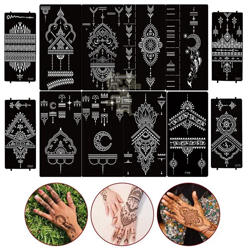 Henna Tattoo Templates, Popular Overseas, Personalized Patterns, Traditional Henna Designs, Three-Layer Film Set, 12 Pieces