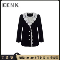 ( Domestic spot )EENK suit coat female black retro lace splicing to receive the new velvet French style