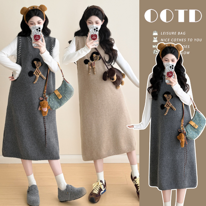 Maternity Dress 2026 New Autumn Knitted Vest Dress Set Mid-Length Sweater Loose Two-Piece Skirt Set