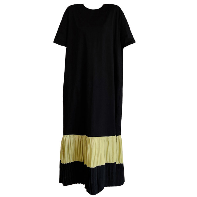 Splicing contrast color pleated long skirt women's summer European and American style tall summer dress long over the knee loose T-shirt dress