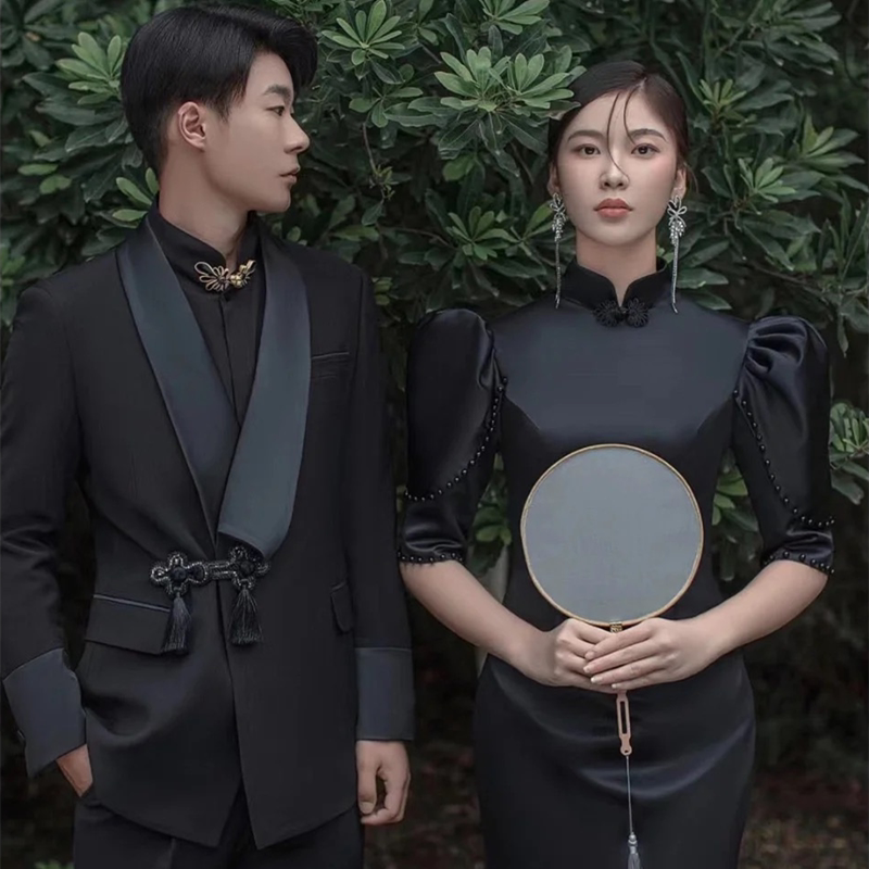 Photo Studio Photo Suit with Buckle, Retro Dress, Green Fruit Collar, Young Men's New Chinoiserie Theme Wedding Dress, Slim Suit