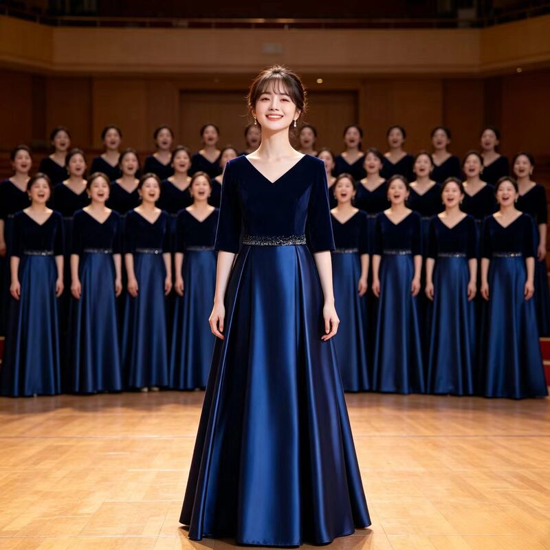 Choral Dress for Women, Long Blue Velvet Dress, Elegant and Slimming, Patriotic Stage Performance for Choir Conducting Competition
