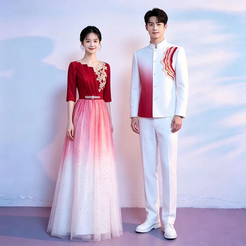 Men's and Women's Chorus Performance Costumes, Red Gradient Evening Dress, Zhongshan Suit, Stage Performance Patriotic Choir Costumes Men's and Women's Chorus Performance Costumes, Red Gradient Evening Dress, Zhongshan Suit, Stage Performance Patriotic Choir Costumes