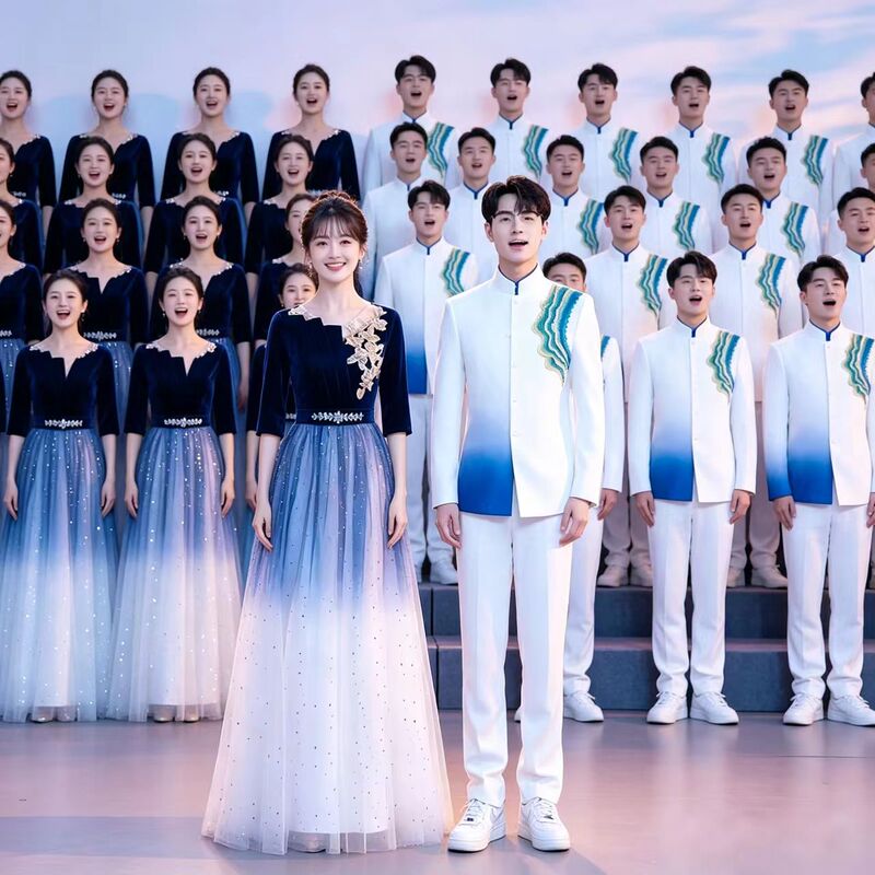 Blue Choir Performance Dress for Women, Long Gown for Adults, Stage Outfit with Gradient Starry Sky Design, Elegant Evening Dress That Flatters the Figure
