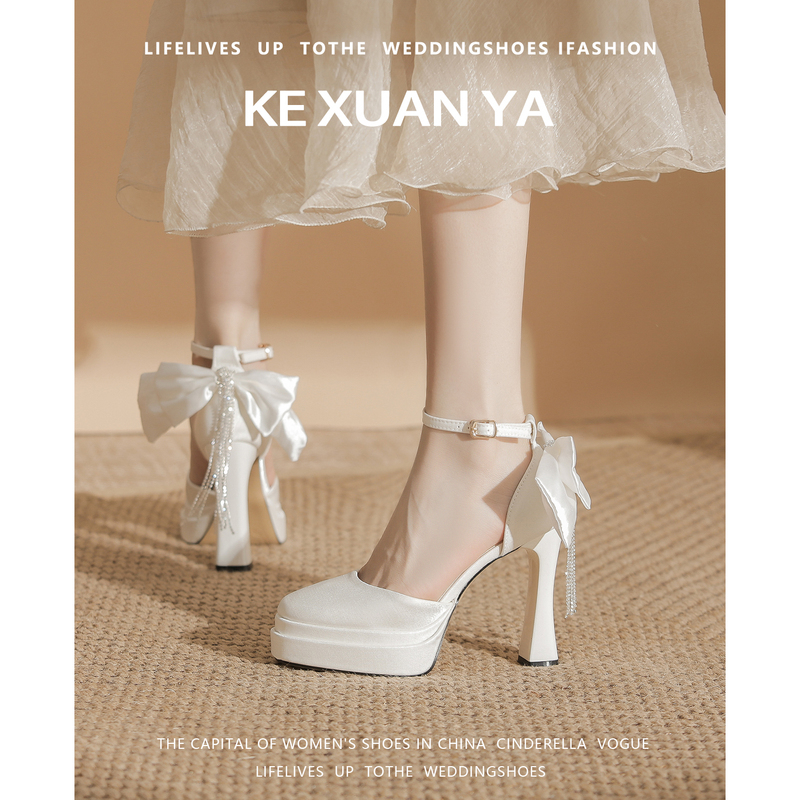Rhinestone Tassel Back Bow Hollow Waterproof Platform High Heels Women's Chunky Heel Thick-Soled Satin Closed-Toe Sandals to Match Dresses