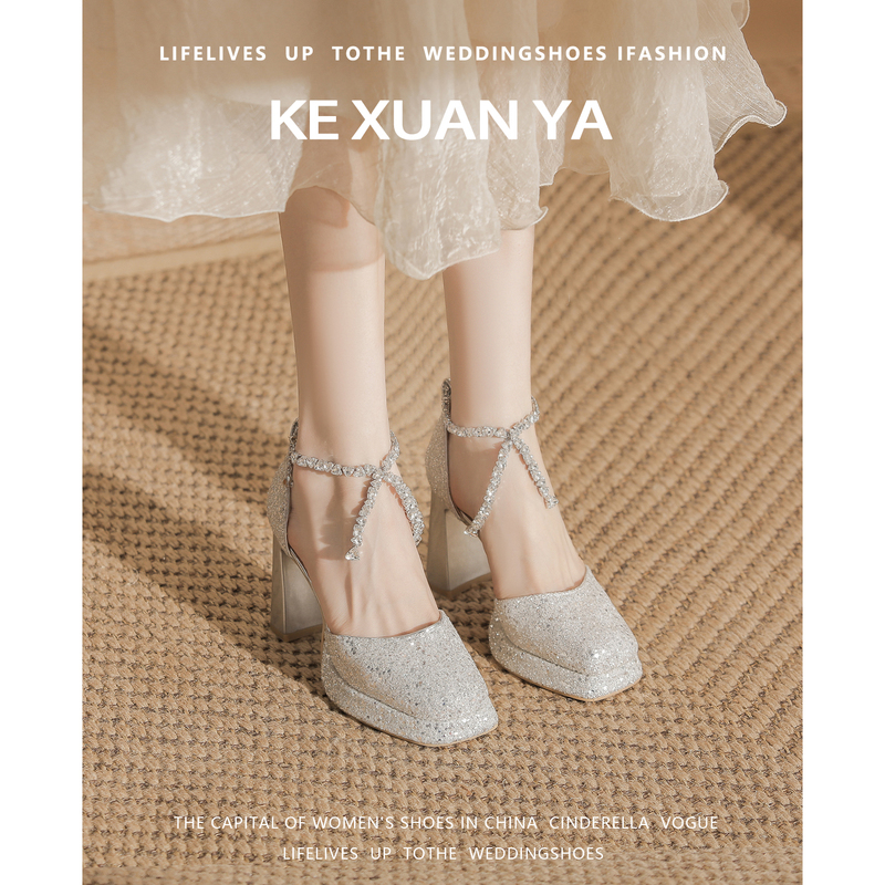 Rhinestone Strap Stunning Wedding Shoes Bridal Shoes Women's Chunky Heel Hollow Square Toe Crystal Mary Jane Platform High Heels