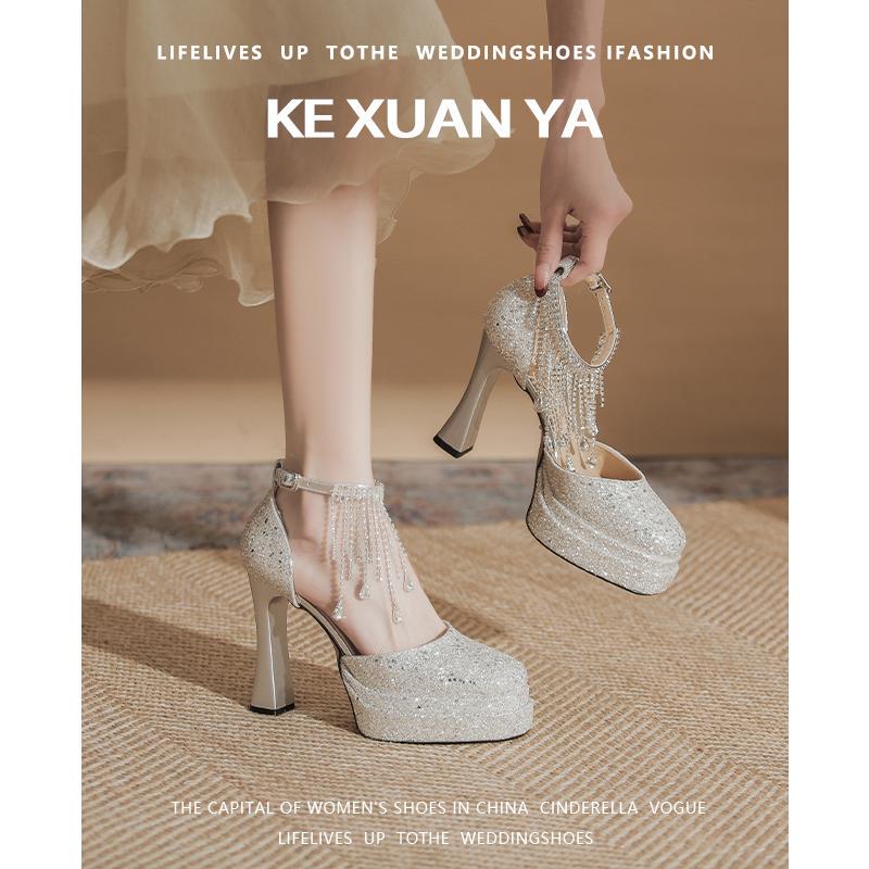 Rhinestone Tassel Crystal Wedding Shoes for Women, Thick-Soled Square-Toe Mary Jane Sequin Platform Buckle High Heels to Match a Dress