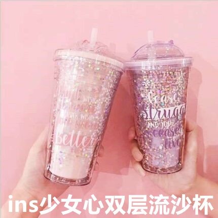 Netred with the same cup cup children cute girl heart double-layer flow tremor trend straw cup in plastic