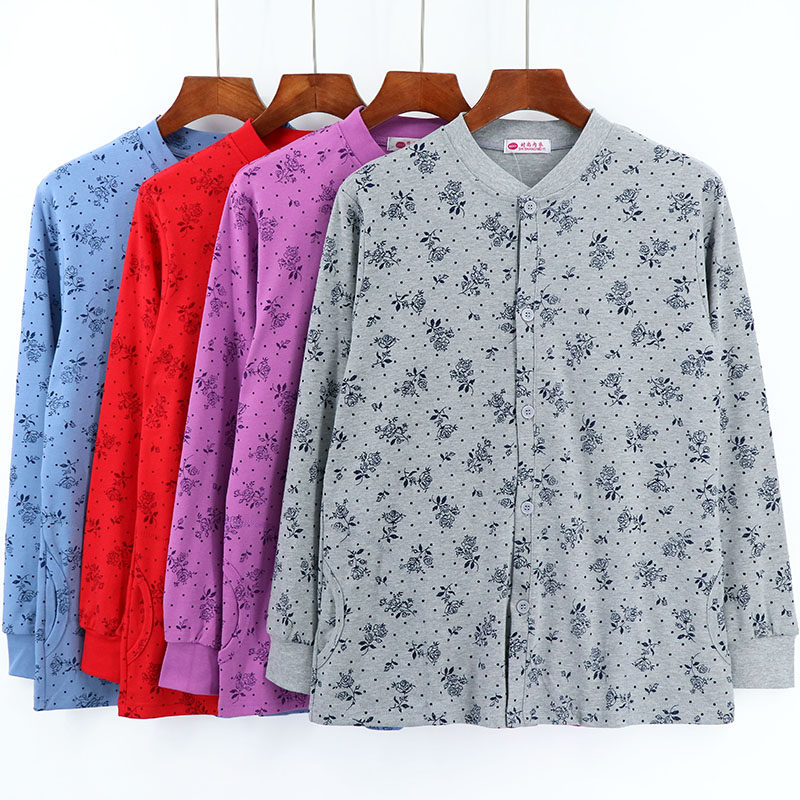 Middle-aged and elderly plus fat plus size ladies cardigan pure cotton double-breasted autumn clothes with pocket elderly knitted one-piece home clothes top