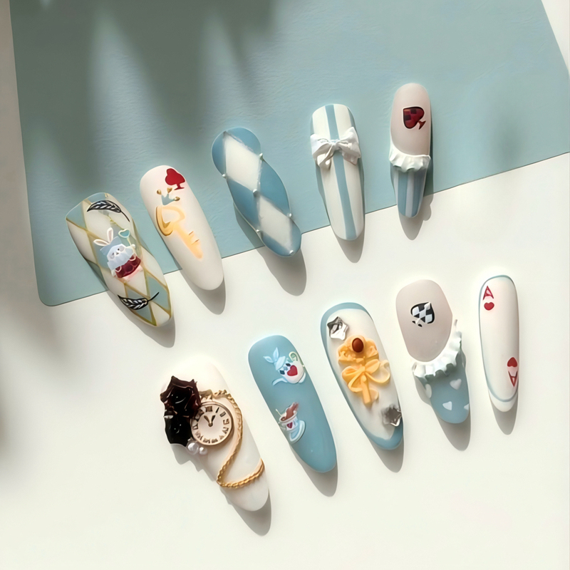 Little Rabbit Alice in Wonderland Original Handmade Fresh Blue Series Matte High-End Wearable Nail Art
