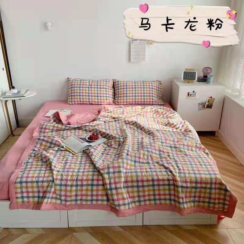 (Macaroon Purple and Powder) Fluorescent-free water-washed cotton yarn-dyed summer cool quilt air conditioning summer