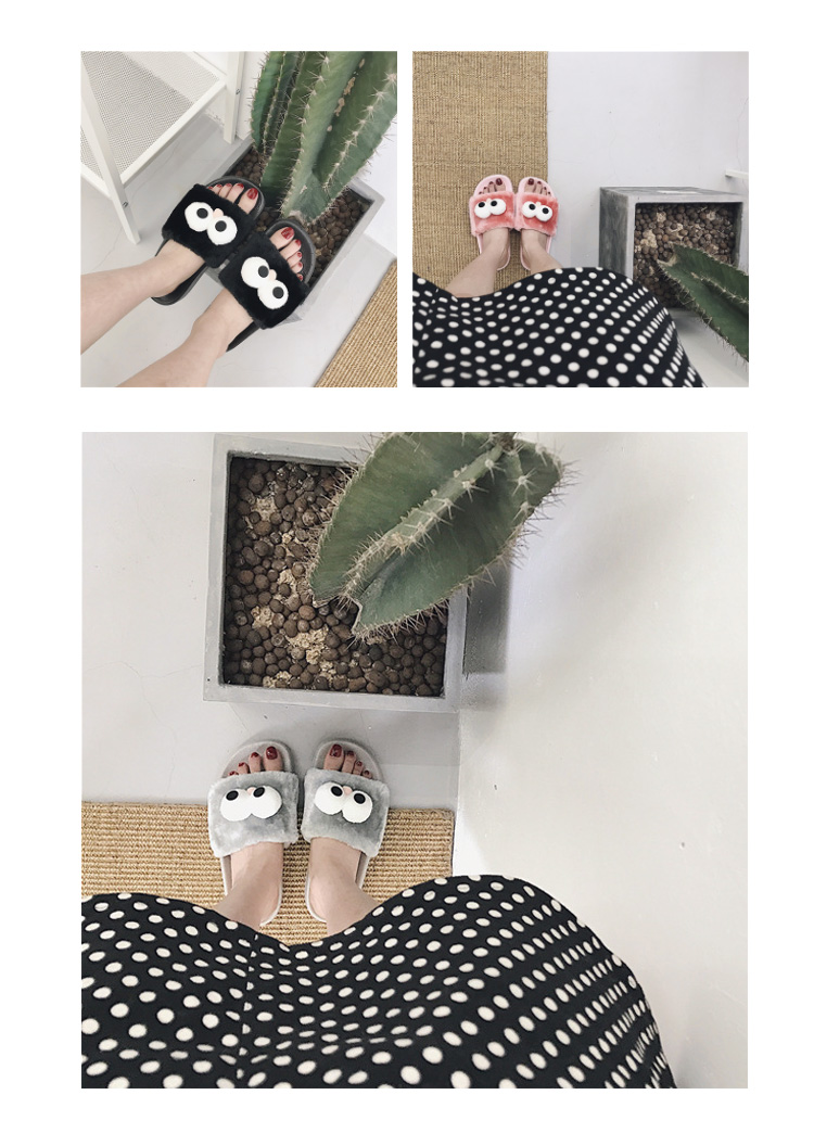 Đôi mắt to ngộ nghĩnh đôi dép cotton nữ mè đường phố ba chiều hoạt hình dễ thương Dép lông mặt dễ thương 2018 mùa thu mới dép lê nữ đẹp