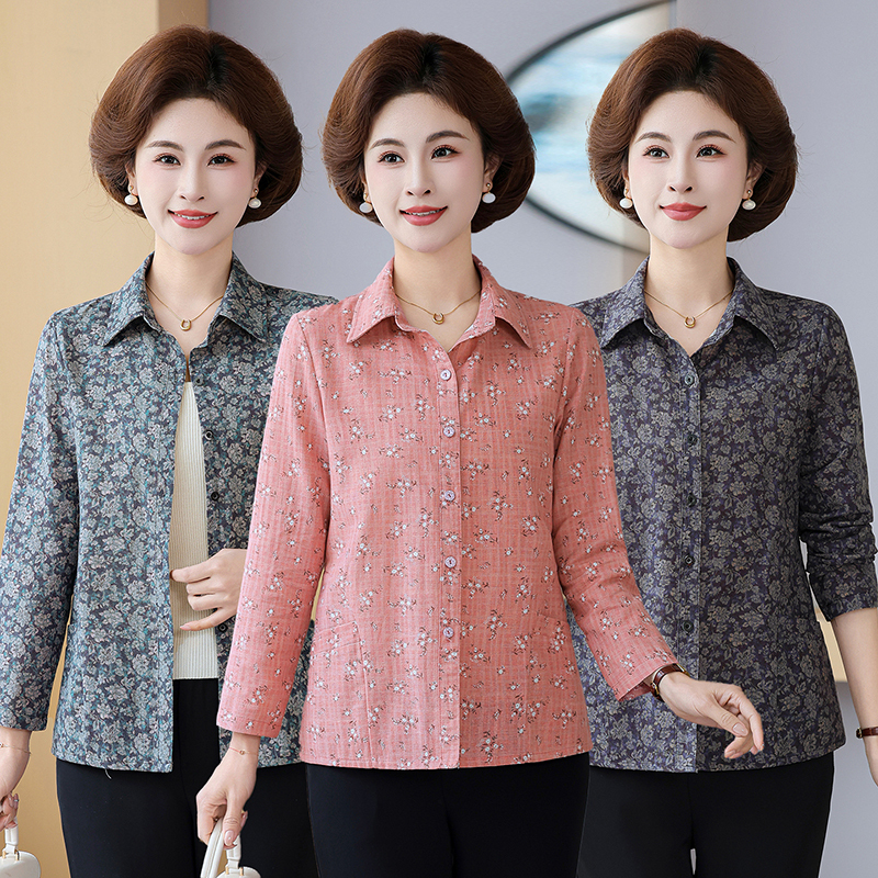 Middle-Aged and Elderly Mothers' New Spring and Summer Thin Cotton Shirts Are Loose and Comfortable, Long-Sleeved Cotton and Linen Shirts for the Elderly