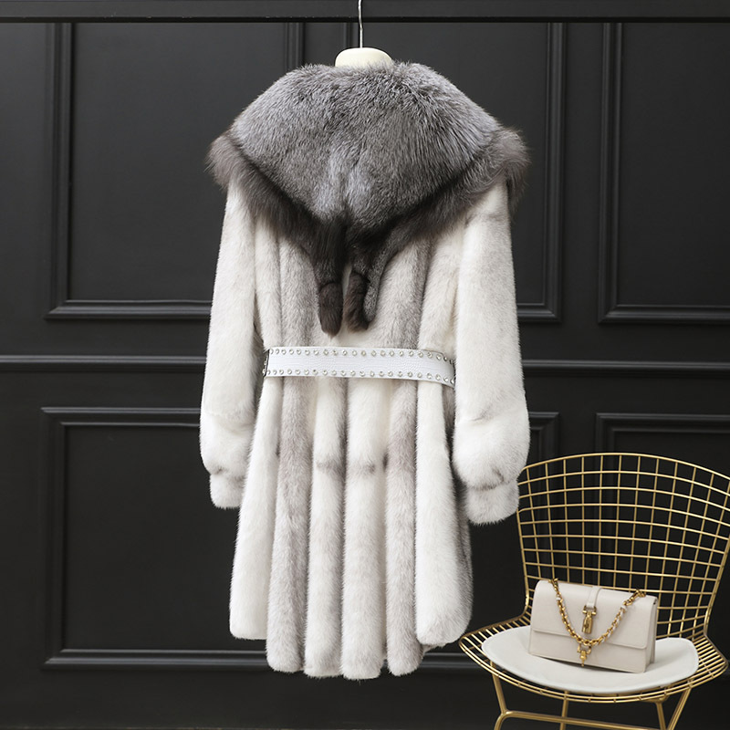 Imported Velvet Mink Fur Coat with Large Shawl, Hood, Collar, and Belt, Slimming Mink Fur Coat for Women, Whole Mink, Northeast Style