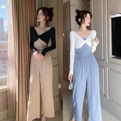 Bandeau jumpsuit women's spring and autumn and summer temperament small Western style jumpsuit casual all-match pants thin wide-legged pants