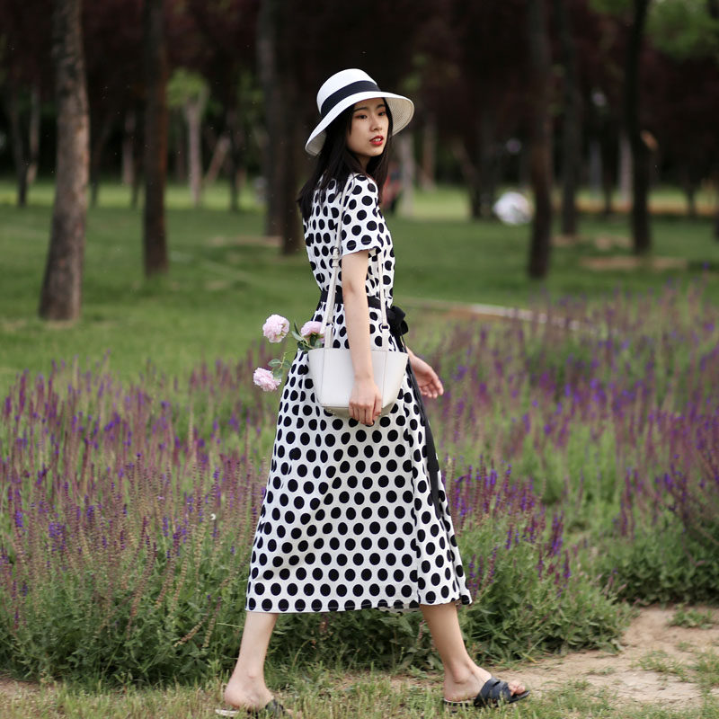 Cotton belly covering temperament long over the knee French polka-dot dress retro Hepburn style cotton skirt slim and tall