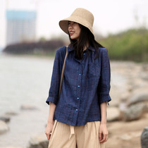 Loose shirt womens middle sleeve slightly fat slim coat female hemp cover belly linen plaid seven-point sleeve shirt