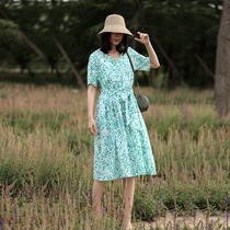 French retro dress over the knee tea break skirt womens belly thin loose A- shaped V-collar very fairy waist dress women
