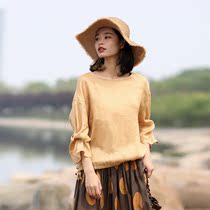 Chic linen top female summer lazy wind slightly fat belly coat middle sleeve shirt hemp coat hemp coat mature womens