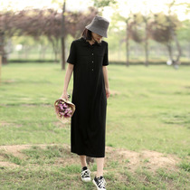 Loose cotton polo dress long casual straight knit long skirt thin belly fat dress summer