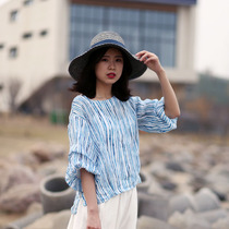 Belly cover Ramie top women linen blue and white vertical stripes t-shirt women loose half sleeve shirt women hemp top