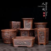 Chinese-style blue grass long square Wenzhu purple sand large flowerpot extra large large medium size large coarse pottery Zen extra large cylinder