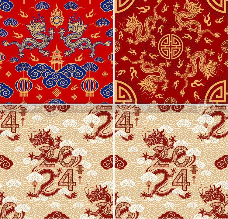 2024龙年新春中国风喜庆无缝印花图案纹理插画AI矢量设计素材背景