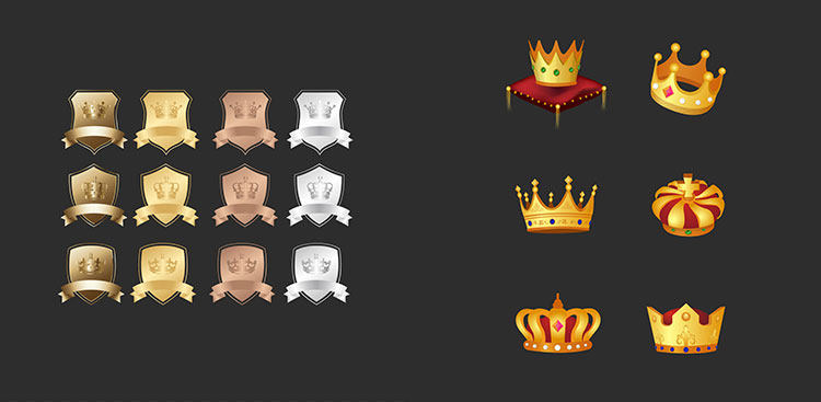 游戏美术UI图标 会员等级勋章金银铜皇冠矢量排行榜图标设计素材