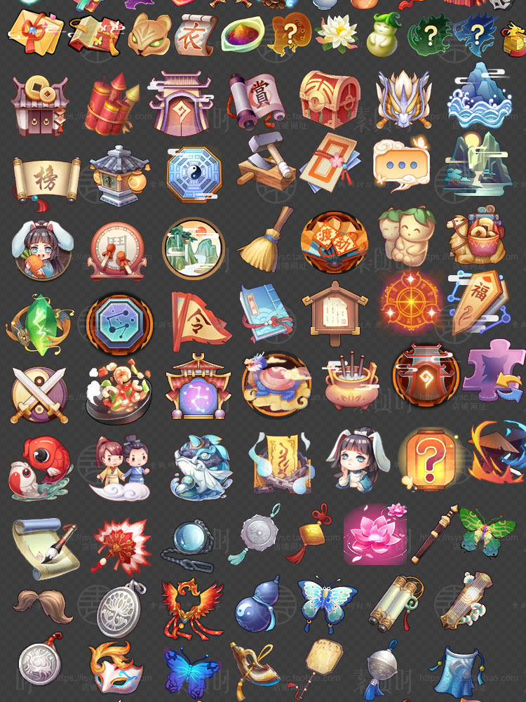 中国风卡通和风美术设计参考素材/UI界面图标技能模型立绘音效
