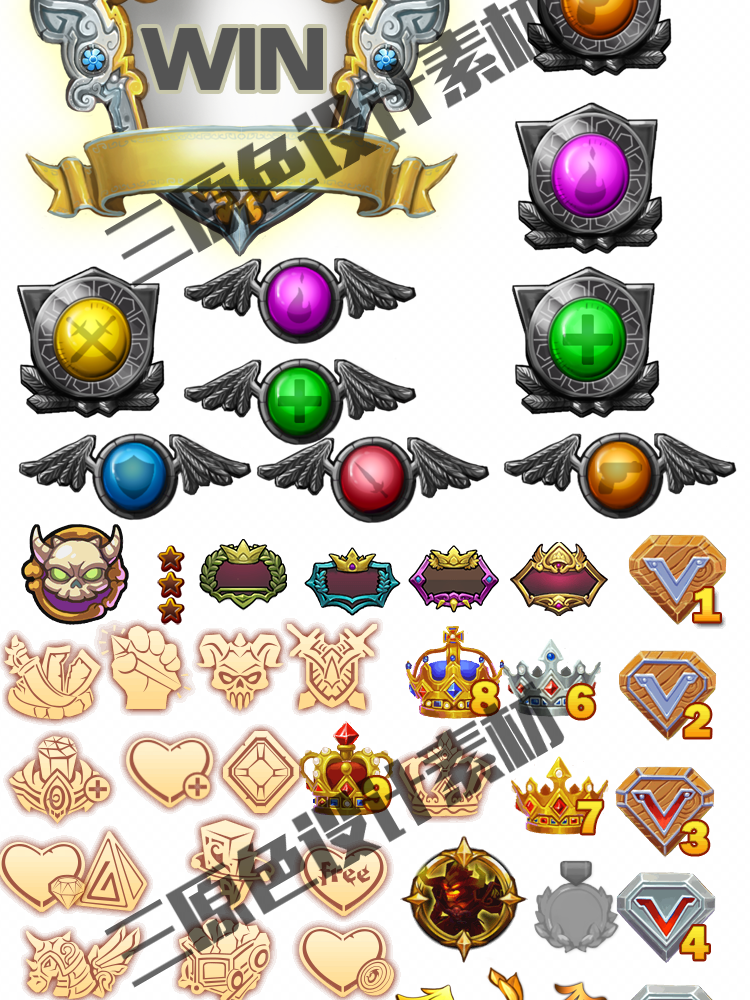 手游游戏UI设计常用素材 徽章 皇冠 等级 图腾 勋章 图标 素材