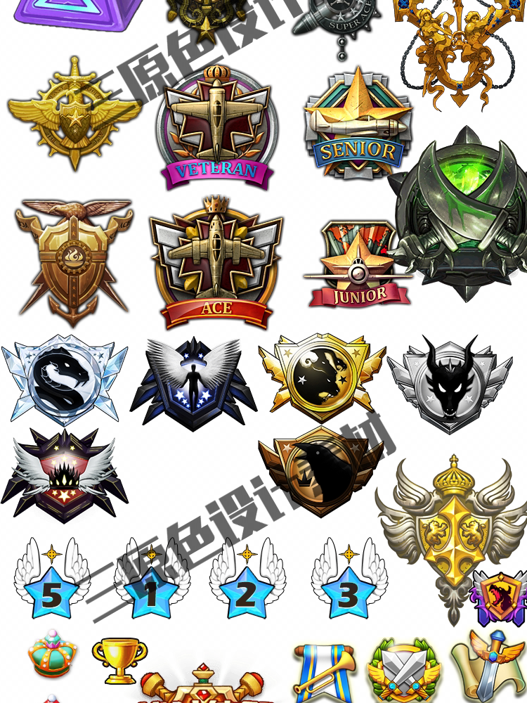 手游游戏UI设计常用素材 徽章 皇冠 等级 图腾 勋章 图标 素材