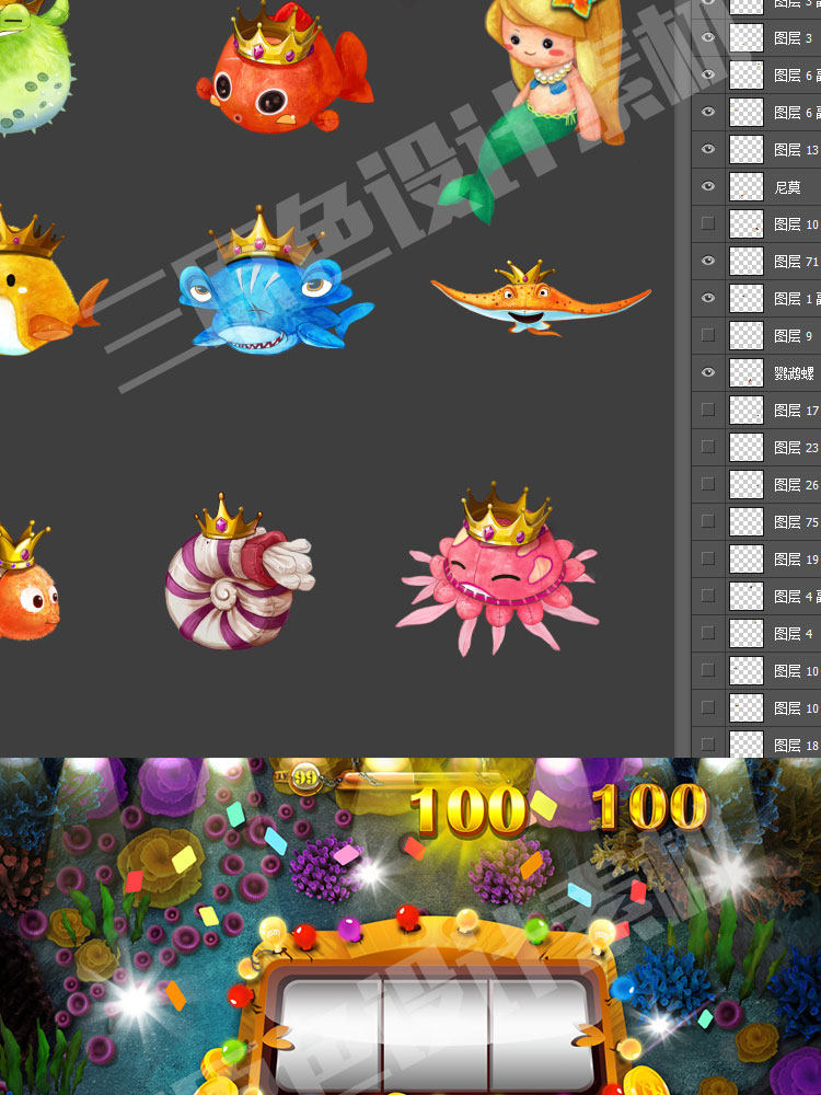 高清捕鱼捕鸟 两套美术源文件 UI界面/PSD/道具场景 游戏美术资源