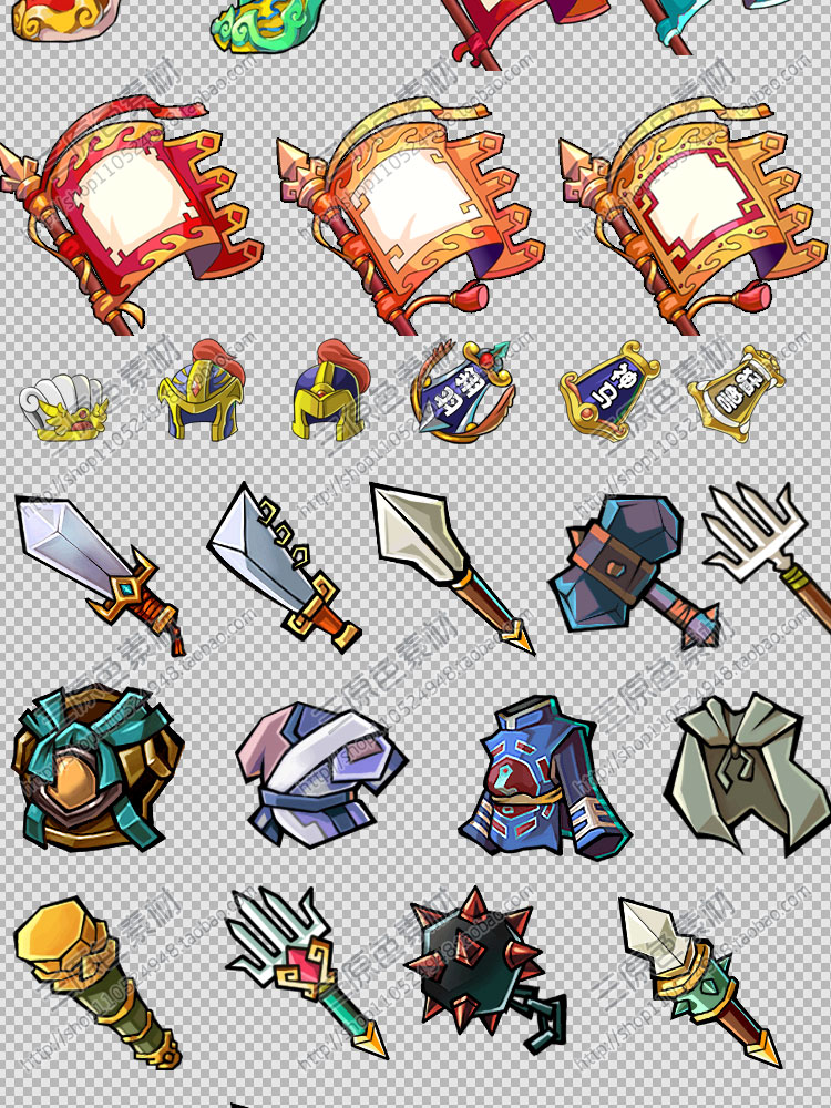 游戏美术素材资源Q版古风武器装备兵器素材UI图标 PNG源文件 游戏美术素材资源Q版古风武器装备兵器素材UI图标 PNG源文件