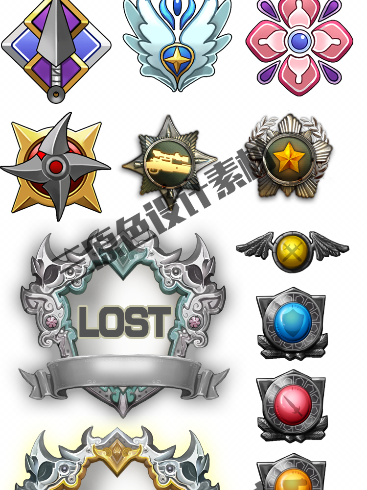 手游游戏UI设计常用素材 徽章 皇冠 等级 图腾 勋章 图标 素材