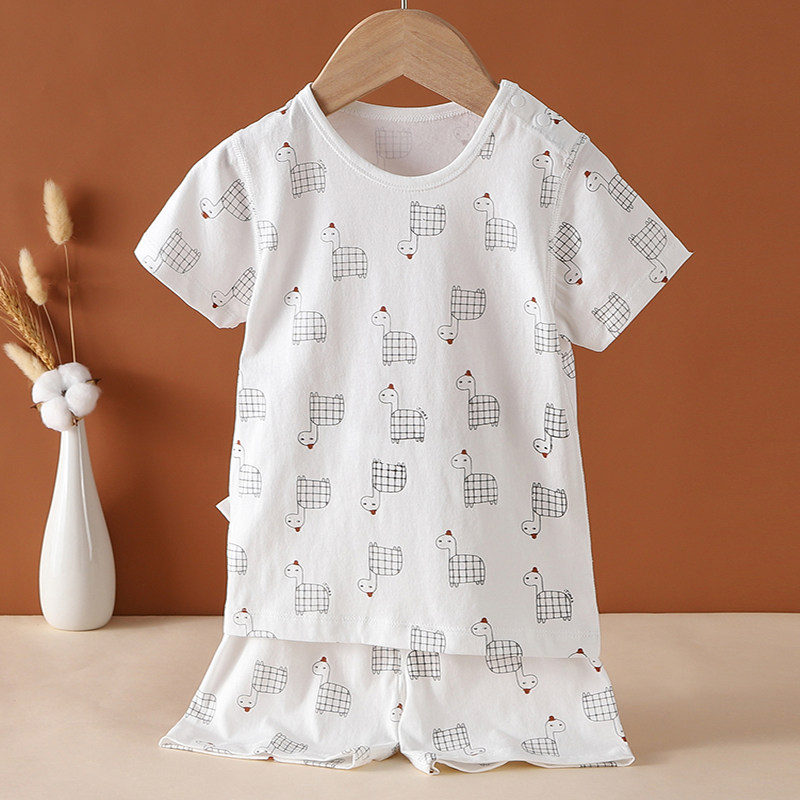 Spring and autumn baby short-sleeved shorts suit cotton thin air-conditioning clothing cartoon boys and girls pajamas home two-piece set
