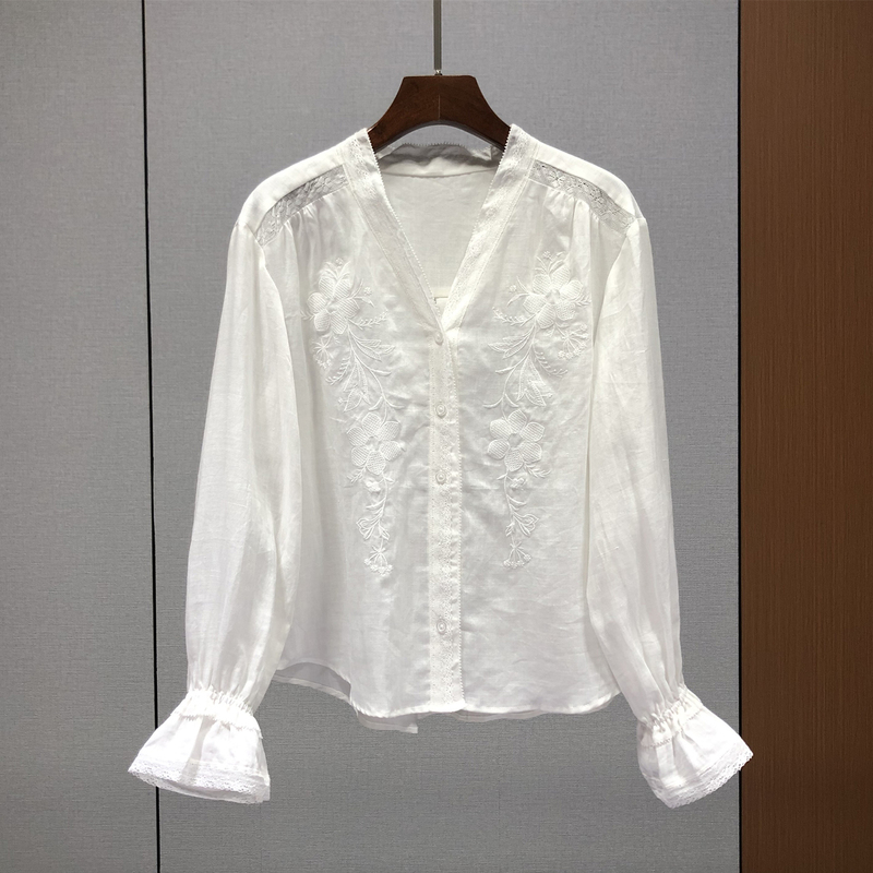 Shenzhen Nanyou! Linen Embroidered Lace White Shirt for Women, European Style, Spring and Summer New French Bell-Sleeve Top 84O29
