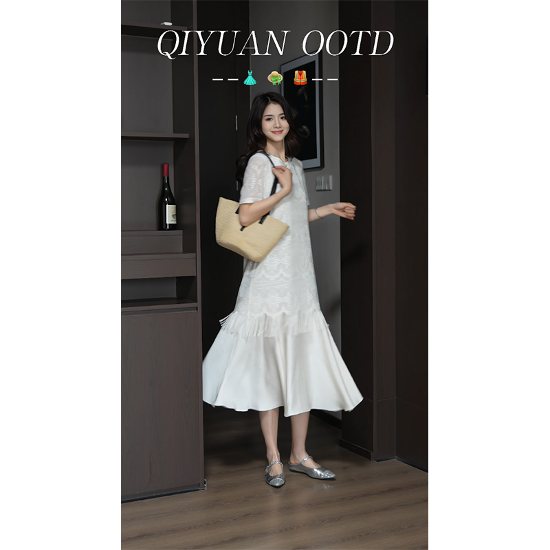 Qiyuanjia Plus-Size Women's Clothing with Hidden Floral Patterns and Tassel Patchwork Short-Sleeve Dress, 2026 Summer Style, Loose Mermaid Mid-Length Dress