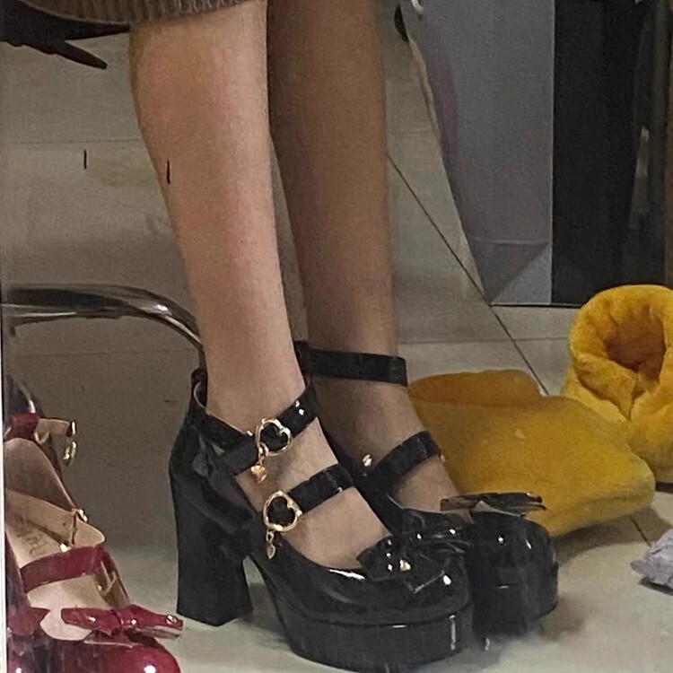 9cm Bow Square-Toe High-Heeled Shoes for Women, Summer One-Strap Black Mary Jane Shoes, Waterproof Platform, Thick Heel, Thick Sole 9cm Bow Square-Toe High-Heeled Shoes for Women, Summer One-Strap Black Mary Jane Shoes, Waterproof Platform, Thick Heel, Thick Sole