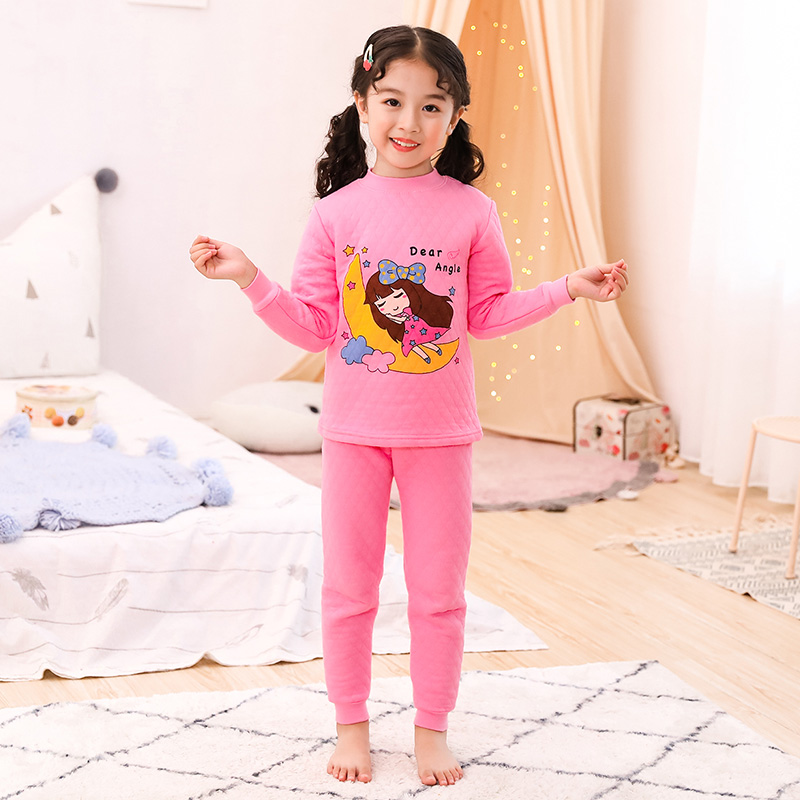 Childrens bộ đồ lót nhiệt ba lớp nam cotton dày và trẻ em gái quần áo mùa thu mùa thu quần kẹp bông mùa đông 3-5-7-9 tuổi.