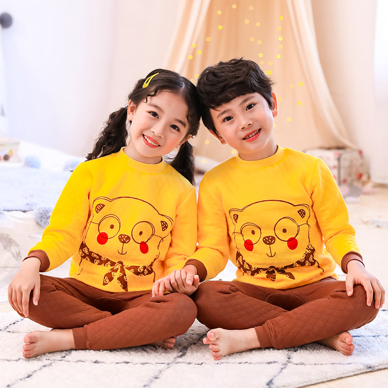 Childrens bộ đồ lót nhiệt ba lớp nam cotton dày và trẻ em gái quần áo mùa thu mùa thu quần kẹp bông mùa đông 3-5-7-9 tuổi.