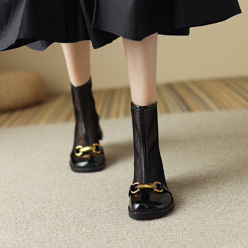 Short boot ladies spring autumn single boots 2022 new coarse heel breathable mesh yarn genuine leather Martin boots Summer slim fit dress