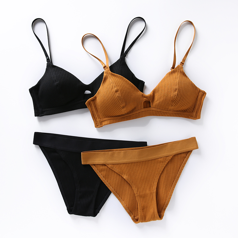 French modal cotton triangle cup thin underwear women without rims with inserts soft cup underwear set bralette
